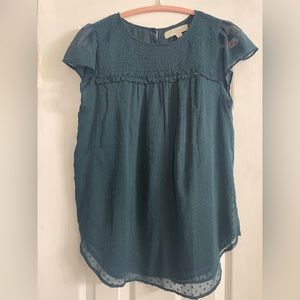 Loft Forest Green Swiss Dot Short Sleeve Blouse, Size S
